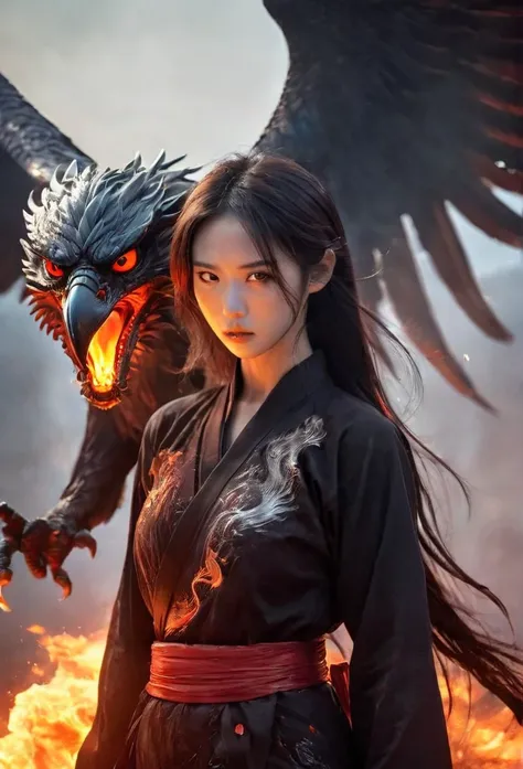 Mythological masterpiece, 26 year old Korean girl wearing a black warrior outfit complete with armor tightening her hands holding an amazing glowing bow blood flame wings carcass bloody face, standing on the head of a huge bird monster a huge black flame w...