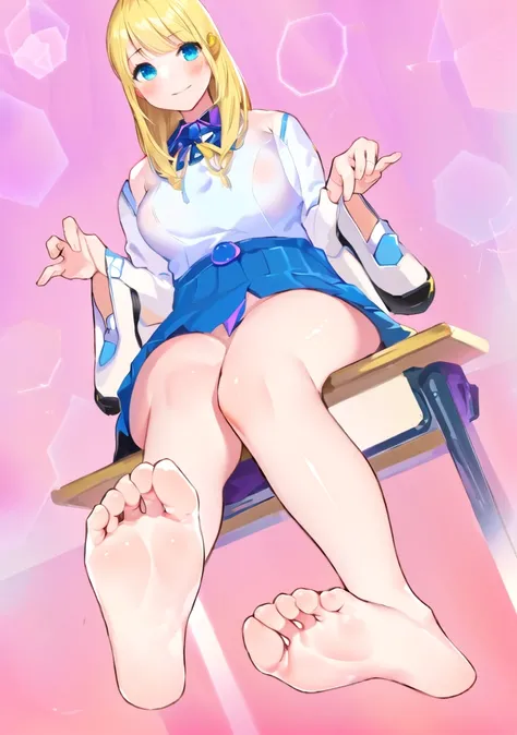 Anime girl sitting on a desk with her legs up, Realistic school girl, Surreal , Surreal , Foot pose, High Sole, Foot Art pov, Her legs are sticking out, Legs that capture your perspective, lower angle,, Detailed feet POV, , Foot Art, Feet and Hands, dark m...