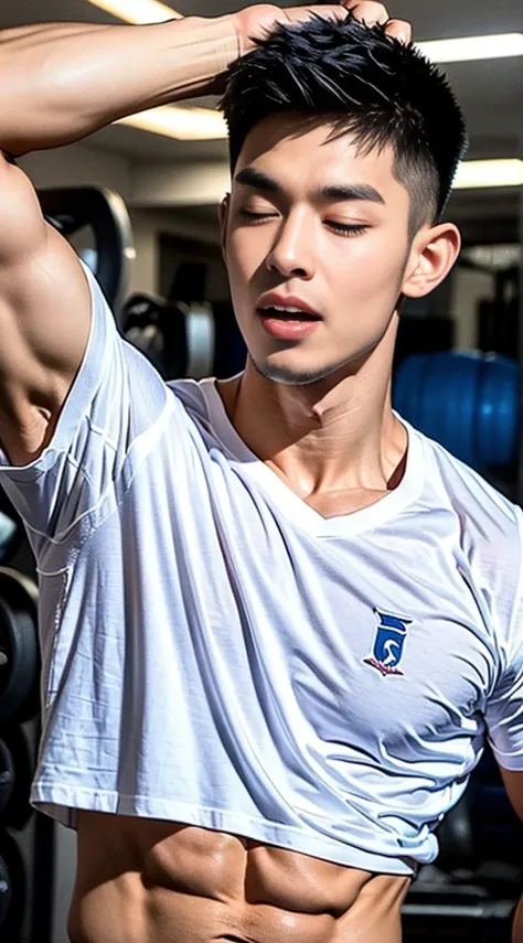 Film Masseter、well done、Asia、man、Age 25、young gay men、no tops、Upper body: navy blue tight-fitting T-shirt、ผู้manที่เท่ห์、stalwart、eyes、Short details, good and high, etc.、large size、Authentic texture、The upper body is naked.、Big bulge、fitness trainer、 Close...