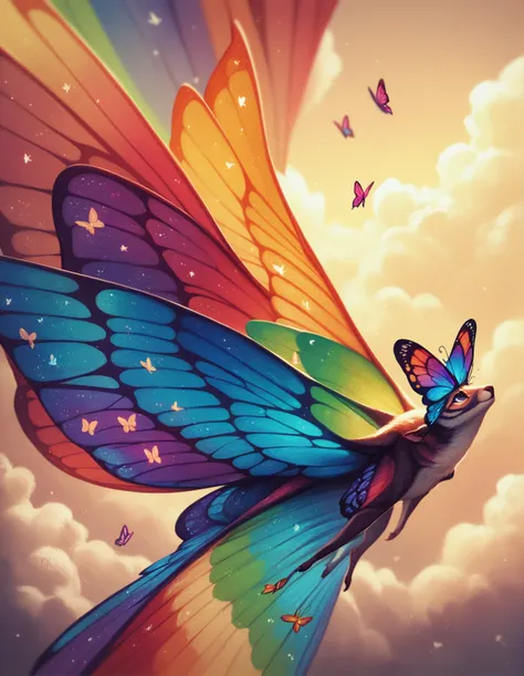 ((best quality)), ((masterpiece)), (detailed), Drawing a cute rainbow-colored round monster in space, rainbow-colored grass and butterflies flying on the water, looking up at the starry sky. Surrounding her with colorful nebulas and colorful forests.  