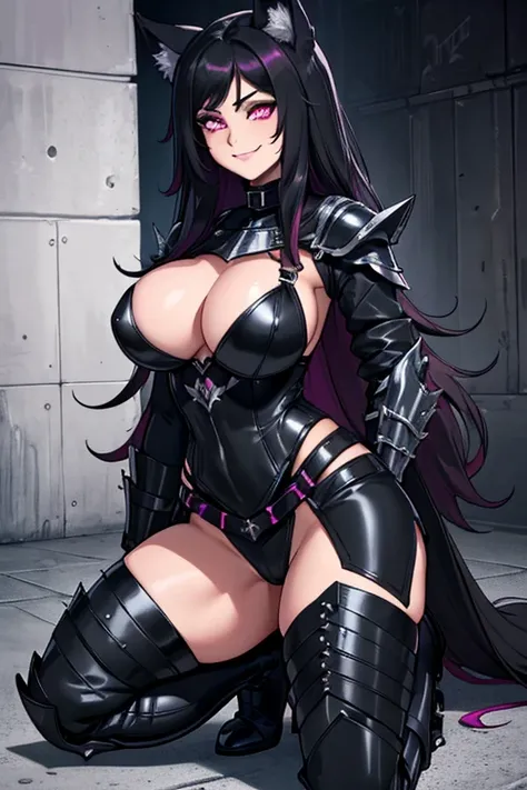 female, black long hair with magenta highlights, silver eyes, black wolf ears, black wolf tail, (((1girl))), (((black metal breastplate))), (black gauntlets), (black pants), (black metal heeled boots), cute and sexy, full body, large breasts, long legs, sm...