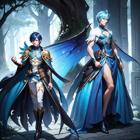 Close-up of a man in a full transformed fairy male blue outfit , ((character concept art)), tall figure, ((character design sheet, same character, 3/4 front, 3/4 back)) maple story character art, video game character design, video game character design, ma...