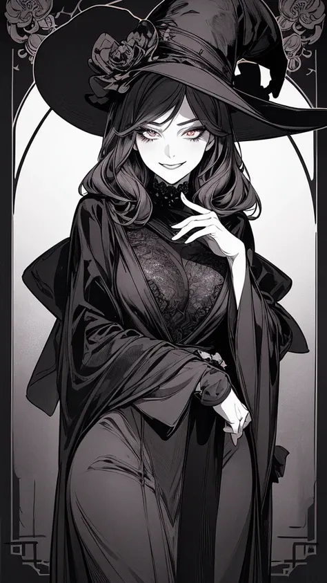 Top quality, (background detail), high contrast, one very beautiful woman, detailed original illustration, witch, black pointed hat, black robe, functional, delicate face, charming, villain, sexy, real bust, crazy smile, crazy eyes, black background, (blac...