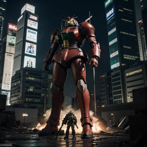 masterpiece of photography, a zaku red mobile suit of zeon in gundam series, with armor and bazooka gun, standing Infront of three green zaku Mobile suit with gun behind, scifi technology style, in cybercity, dynamic pose, highly detailed, realistic