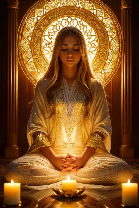 a peaceful god, beautiful detailed face, long flowing hair, serene expression, glowing aura, sitting in lotus position, meditati...