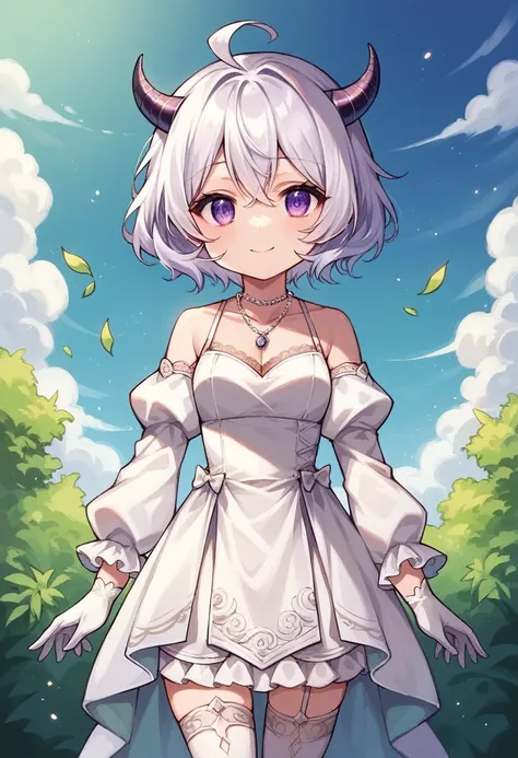 work of art, best qualityer, 1 girl, alone, short white hair, spiral purple eyes, small, elegant horns, ahoge, minimalist hair adornment, delicate necklace, dress with lace details, long, tight sleeves, whitegloves, whole body, chibi, Enigmatic smile, stan...