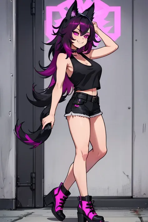 female, black long hair with magenta highlights, silver eyes, black wolf ears, black wolf tail, (((1girl))), (((magenta tank top))), (black denim pants), (black heeled shoes), (black belt), cute and sexy, full body, large breasts, long legs, smiling