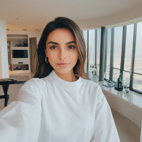 Clean girl aesthetic, selfie, looking at the camera, Dubais penthouse, trend, instagram influencer,