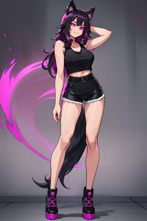 female, black long hair with magenta highlights, silver eyes, black wolf ears, black wolf tail, (((1girl))), (((magenta tank top))), (black denim pants), (black heeled shoes), (black belt), cute and sexy, full body, large breasts, long legs, smiling