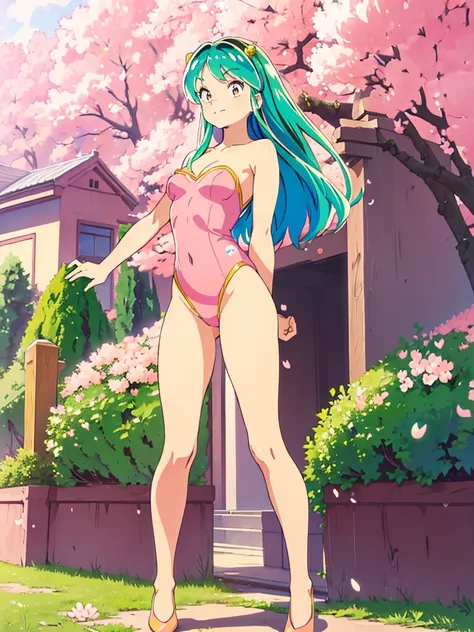 masterpiece, highest quality, 1 girl, lum, ((pink leotard)),（high leg）,smile, are standing, facing forward, background is cherry...