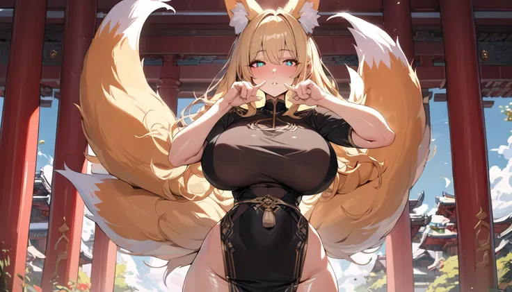 1 beautifull kitsune queen,blonde hairs, french braid, hair hide ear, hime cut, very long hair, heart-shaped pupils, animal ears, fox ears,"long orange fox ears with black tips", covering ears, kemonomimi mode,tail emanating(9 tails fox),huge tits, large h...