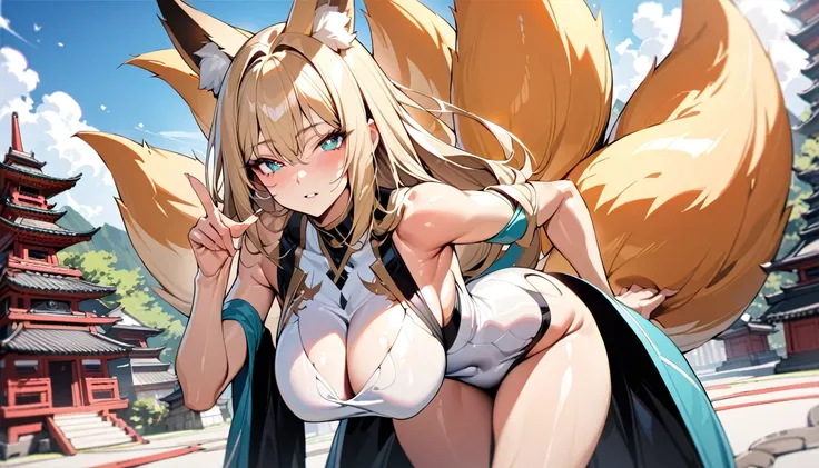 1 beautifull kitsune queen,blonde hairs, french braid, hair hide ear, hime cut, very long hair, heart-shaped pupils, animal ears, fox ears,"long orange fox ears with black tips", covering ears, kemonomimi mode,tail emanating(9 tails fox),huge tits, large h...