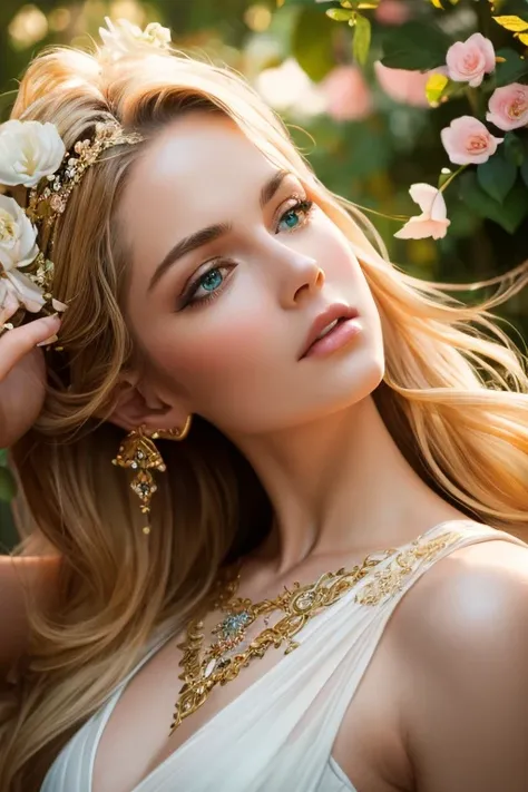 a beautiful goddess of physical beauty, flawless porcelain skin, piercing emerald eyes, full pink lips, long eyelashes, flowing golden hair, elegant swan-like neck, slender graceful figure, flowing white dress, sunlight streaming through a tranquil garden,...