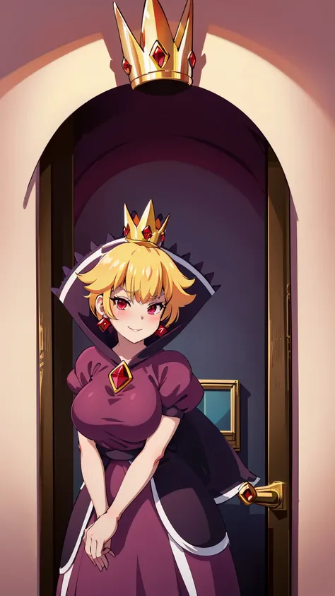 best quality, high resolution, large breasts, blonde hair, blush, Evil smile, cowboy shot, looking at viewer, Shadow Queen, purple dress, (((on the Thousand Year Door)))