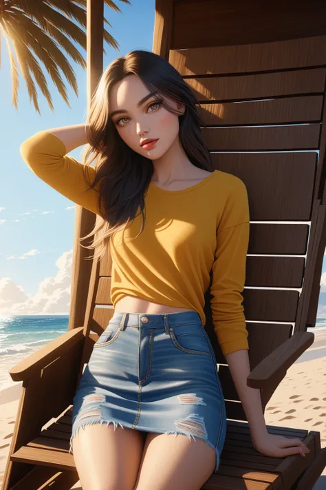 pretty young woman, beach, sitting on beach chair, 1girl, 3/4 sleeve shirt, denim cargo skirt, looking at viewer, beautiful detailed eyes, beautiful detailed lips, extremely detailed face, longeyelashes, golden hour lighting, cinematic lighting, highly det...