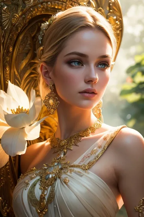 a beautiful goddess of physical beauty, flawless porcelain skin, piercing emerald eyes, full pink lips, long eyelashes, flowing golden hair, elegant swan-like neck, slender graceful figure, flowing white dress, sunlight streaming through a tranquil garden,...