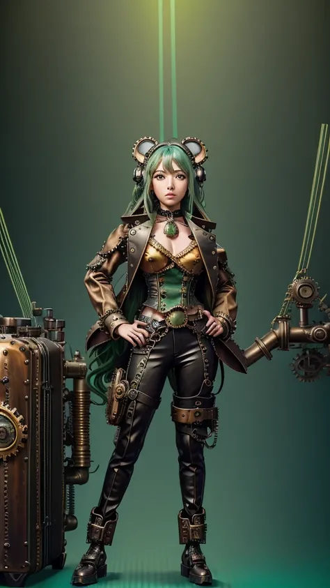 ((live 2D))  masterpiece, 1girl, full body, stands straight, steampunk clothes, military clothing, looking at viewer, detailed face, girl with green wavy hair, bangs, metal sheep horns, gradient hair, multicolored hair, light green hair, turquoise hair tip...