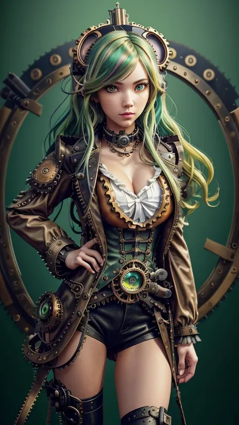 ((live 2D))  masterpiece, 1girl, full body, stands straight, steampunk clothes, military clothing, looking at viewer, detailed face, girl with green wavy hair, bangs, metal sheep horns, gradient hair, multicolored hair, light green hair, turquoise hair tip...