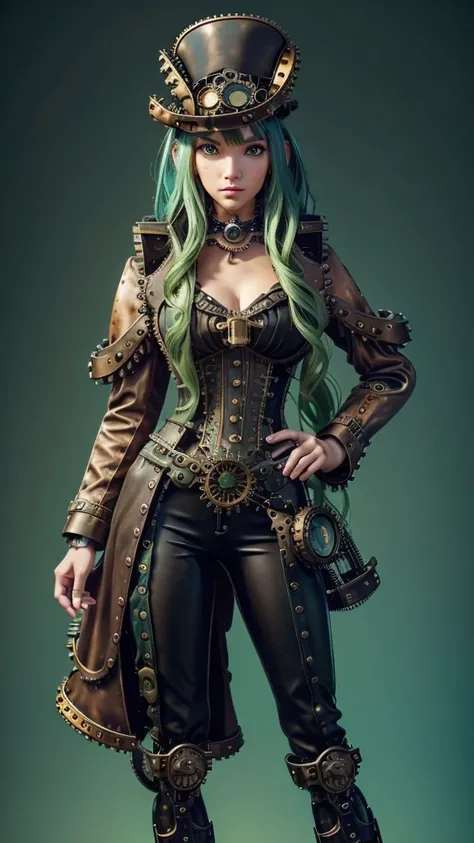 ((live 2D))  masterpiece, 1girl, full body, stands straight, steampunk clothes, military clothing, looking at viewer, detailed face, girl with green wavy hair, bangs, metal sheep horns, gradient hair, multicolored hair, light green hair, turquoise hair tip...