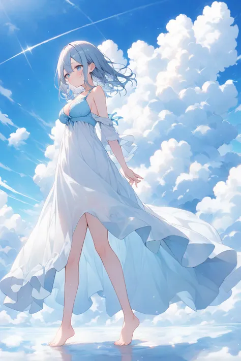 Beautiful breasts、A long white dress shirt showing her pale blue bra、Without skirt、Light blue underwear、barefoot、Standing posture、Cumulonimbus and blue sky