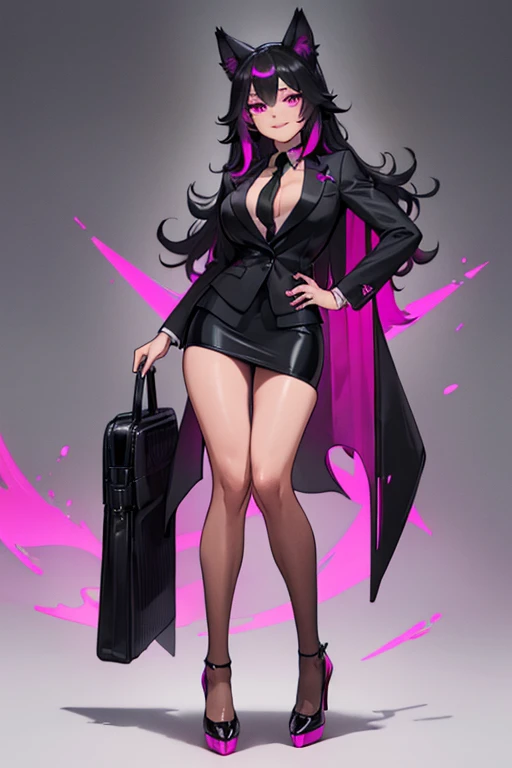 female, black long hair with magenta highlights, silver eyes, black wolf ears, black wolf tail, (((1girl))), (((black business suit))), (magenta dress shirt), (black pencil skirt), (Magenta stockings), (black heeled heels), cute and sexy, full body, large ...