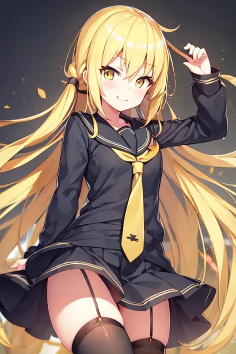 1girl, satsuki, kantaicollection, serafuku, blonde_hair, long_hair, yellow_eyes, serafuku, smile, crescent_pin, open_mouth, neck...