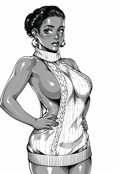 score_9, score_8_up, score_7_up, 1girl,  sp1t, detailed hatching shading, monochrome, big breasts, dark skin, facing viewer, virgin killer sweater, side boob, white background, earring, shy, hands on hips, exposed sides