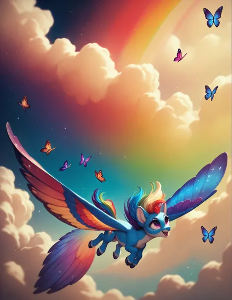 ((best quality)), ((masterpiece)), (detailed), Drawing a cute rainbow-colored round monster in space, rainbow-colored grass and butterflies flying on the water, looking up at the starry sky. Surrounding her with colorful nebulas and colorful forests.  