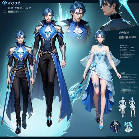 Close-up of a man in a full transformed fairy male blue outfit , ((character concept art)), tall figure, ((character design sheet, same character, 3/4 front, 3/4 back)) maple story character art, video game character design, video game character design, ma...