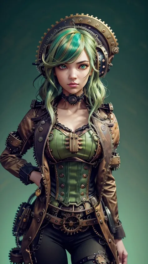 ((live 2D))  masterpiece, 1girl, upper body, stands straight, steampunk clothes, military clothing, looking at viewer, detailed face, girl with green wavy hair, bangs, metal sheep horns, gradient hair, multicolored hair, light green hair, turquoise hair ti...