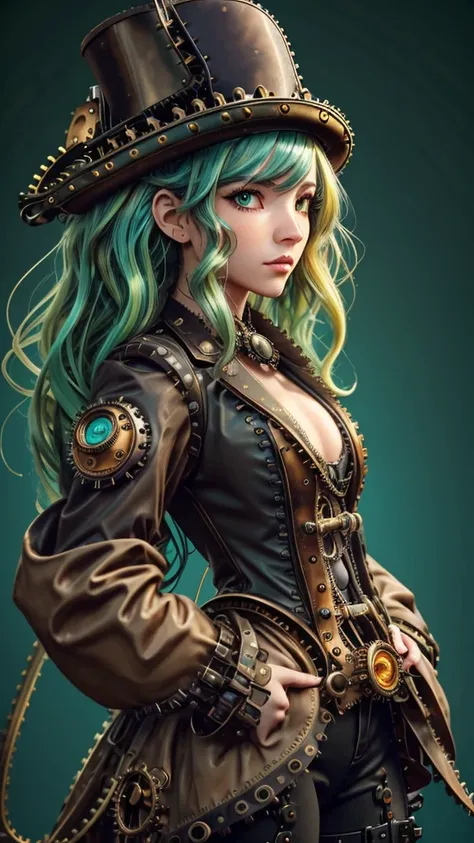 ((live 2D))  masterpiece, 1girl, upper body, stands straight, steampunk clothes, military clothing, looking at viewer, detailed face, girl with green wavy hair, bangs, metal sheep horns, gradient hair, multicolored hair, light green hair, turquoise hair ti...