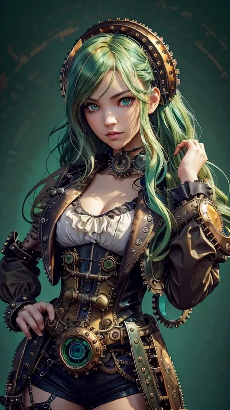 ((live 2D))  masterpiece, 1girl, upper body, stands straight, steampunk clothes, military clothing, looking at viewer, detailed face, girl with green wavy hair, bangs, metal sheep horns, gradient hair, multicolored hair, light green hair, turquoise hair ti...