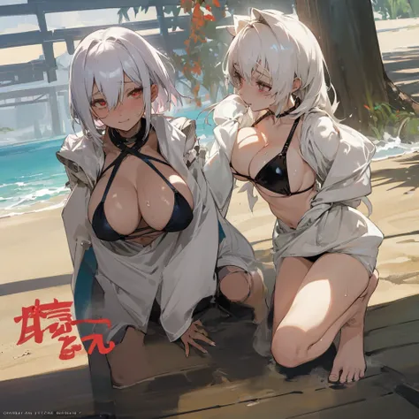 Two anime girls with white hair(one short hair other long hair), they are only wearing a black bikini,red eye, they have huge breasts they smile erotically, they are on a beach, her breasts are very visible, the bikini only covers the nipples, they kneel o...