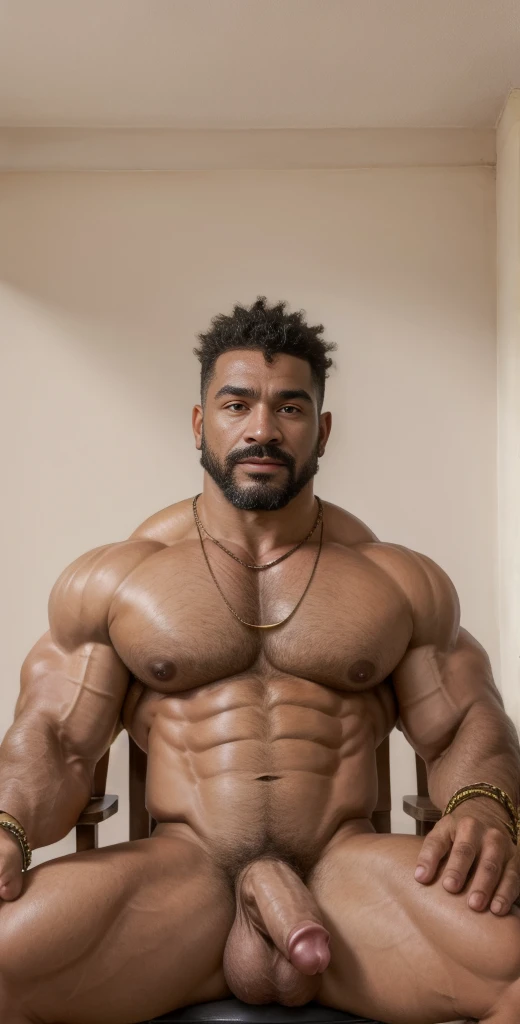 (masterpiece, intricately detailed, highest resolution, best quality:1.2),a cocky African American model, a 32 y.o muscle chav with a muscular physique sitting on a chair with black eyes,dark-skinned male, huge beard, mutton- chops, wearing chest harness, ...