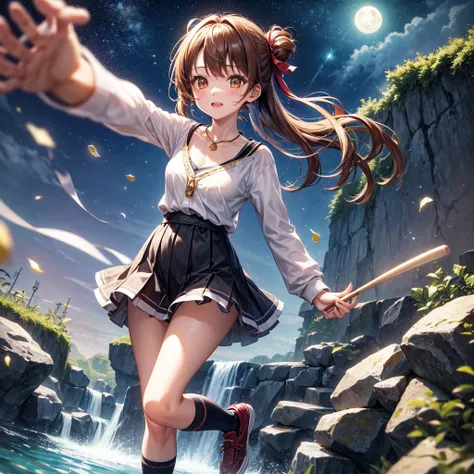 Red, brown, gold, gold hair、Golden Eyes、Hair tied up、One good looking girl、solo、anime、Checkered mini skirt、Ruffles on the skirt、camisole、Lightweight cardigan、school uniform、Black knee-high socks、Wearing a baseball cap、Ribbon、Ribbon on waist、Teeth are visib...