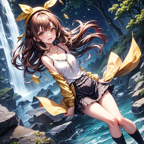 Red, brown, gold, gold hair、Golden Eyes、Hair tied up、One good looking girl、solo、anime、Checkered mini skirt、Ruffles on the skirt、camisole、Lightweight cardigan、school uniform、Black knee-high socks、Wearing a baseball cap、Ribbon、Ribbon on waist、Teeth are visib...