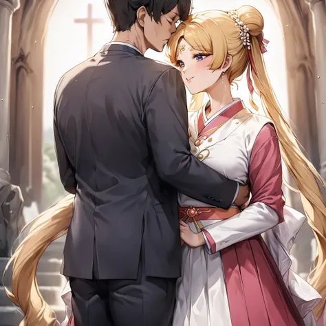 ((Highest quality)), ((masterpiece)), (detailed), （Perfect Face）、The woman is a Korean woman named Tsukino Usagi, and is getting married in a gorgeous Korean church wearing a gorgeous and dazzling traditional Korean dress called a hanbok, a lavish hairstyl...