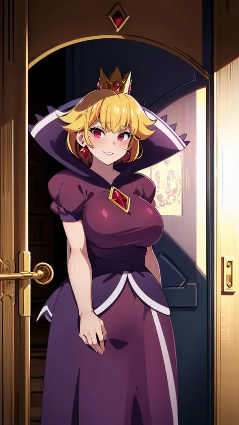 best quality, high resolution, large breasts, blonde hair, blush, Evil smile, cowboy shot, looking at viewer, Shadow Queen, purple dress, (((on Thousand-Year Door)))