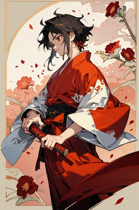 Beautifully detailed、 Masterpiece high resolution portrait of a Japanese boy。,Sunset illuminated background,From the head to the left１The book grows asymmetrical corners,Black hair and captivating crimson eyes, Wearing a beautiful red hakama、 Showing an ex...