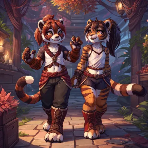 (4fingers), small_round_ears, small_panda_ears, pandaren, world_of_warcraft, furry, anthropomorphic, fluffy_tail, foxtail, cfemale, claws, red_panda, tiger_stripes, tiger_face, flat_chested, teen, teenager, amber_eyes, (pupils), (tiger_legs), black_left_fo...