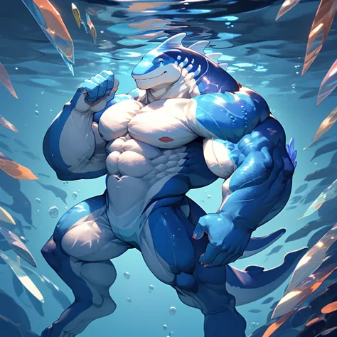 Aquarius Whale naked upper body, Smooth strong muscular body majestic （Blue eye crystal）Background tall ocean coral reef, Carefully suspended water pearls, Huge muscles, Abs ripped light blue beautiful body whale