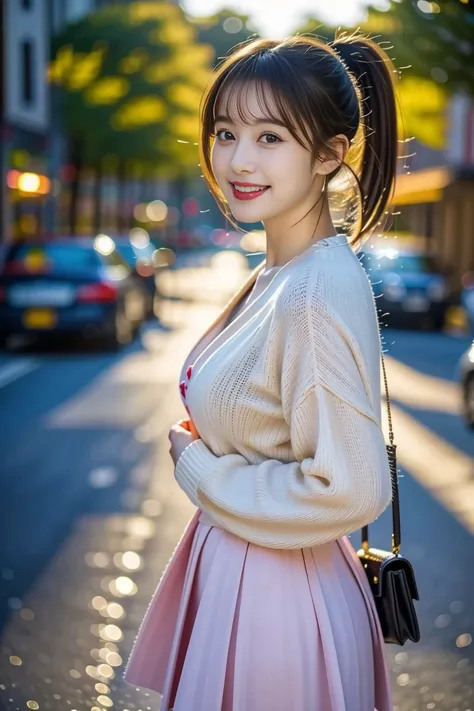 (8K、Raw photography、top-quality、​masterpiece:1.2)、(realisitic、Photorealsitic:1.37)、ultra-detailliert、超A high resolution、1 fair-skinned girl、beautifull detailed face、In the street、full body Esbian、poneyTail、hand bag、Cardigan、flered skirt、(glowing earrings)、...