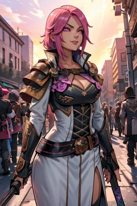 perfect face, perfect hands. a pink haired female reaper with violet eyes with an hourglass figure in a leather armor is smiling...