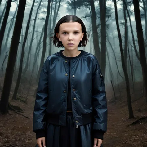 milli3 woman, millie bobby brown, netflix series, eleven, in a dark forest, front view, forest, horror