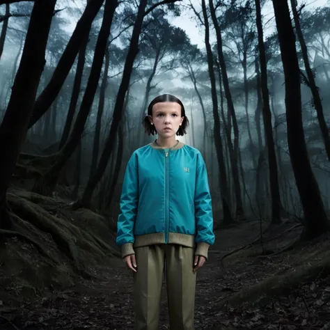 milli3 woman, millie bobby brown, netflix series, eleven, in a dark forest, front view, forest, horror