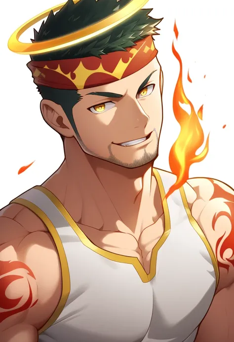 anime characters：Gyee, priapus, 1 young muscular man, male focus, Flame tattoo, sports Red headband, Creamy white spandex tight tank top, muscular male, muscular, only, Upper body, alone, Black short hair, Thick eyebrows, stubble, Yellow eyes, White backgr...