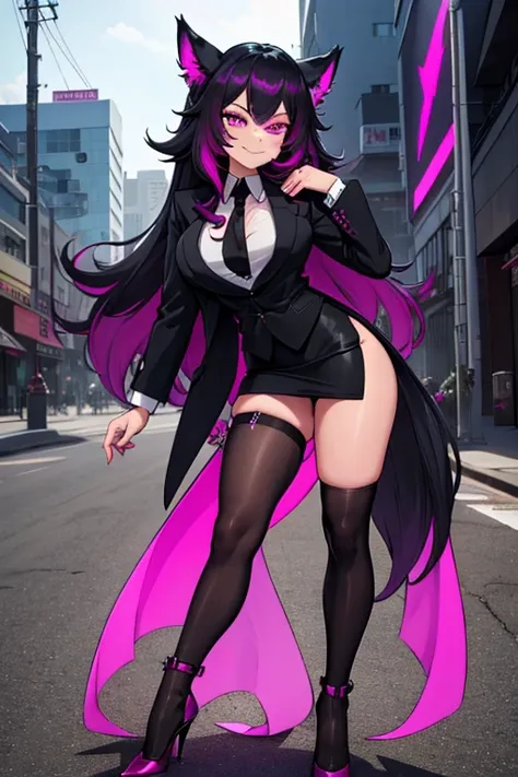 female, black long hair with magenta highlights, silver eyes, black wolf ears, black wolf tail, (((1girl))), (((black business suit))), (magenta dress shirt), (black pencil skirt), (Magenta stockings), (black heels), cute and sexy, full body, large breasts...