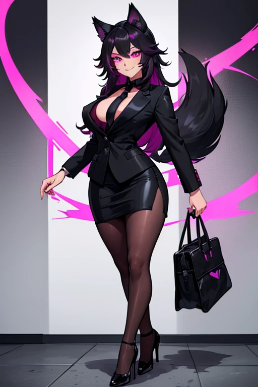 female, black long hair with magenta highlights, silver eyes, black wolf ears, black wolf tail, (((1girl))), (((black business suit))), (magenta dress shirt), (black pencil skirt), (Magenta stockings), (black heels), cute and sexy, full body, large breasts...