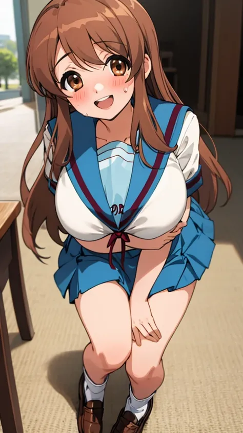 , looking at viewer, 1girl, female, solo, blush, open mouth, smile, teeth, huge breasts, mikuru1, asahina mikuru, blue sailor collar, blue skirt, brown eyes, brown hair, kita high , long hair, red ribbon, ribbon on collar, sailor collar, , serafuku, loafer...