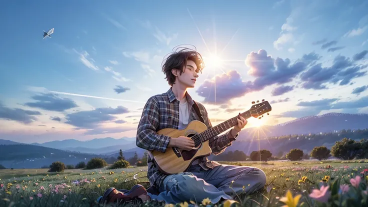 a young man playing guitar setting on right edge beautiful mountain sun rising flowers butterfly sky trees birds dreamy nature